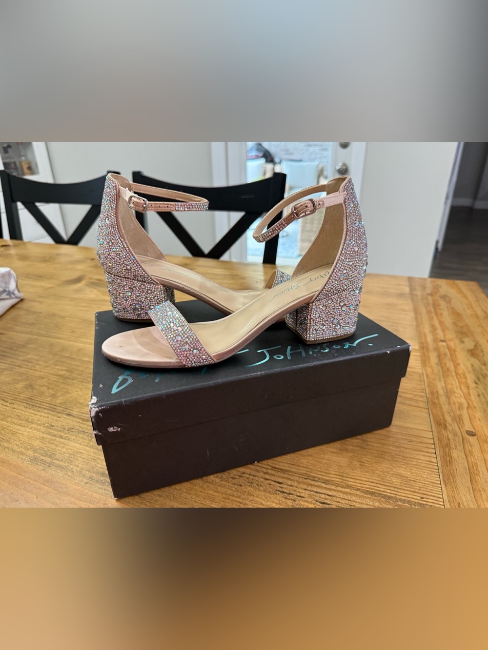 Blue by Betsey Johnson Mari Champagne Rhinestone Block Heel Dress Sandals